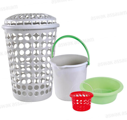 PACK A LINGE : COFFRE A LINGE + SEAU + BASSINE + PANIER A PINCES