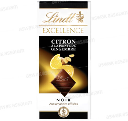 CHOCOLAT NOIR AU CITRON GIMGEMBRE ET AMANDES EFFILEES 100G LINDT EXCELLENCE