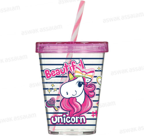 GOBELET EN PLASTQIUE AVEC COUVERCLE ET PAILLE 450ML LICORNE