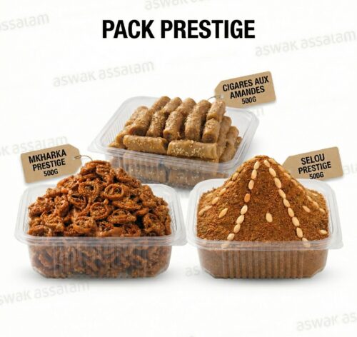 PACK PRESTIGE : CHEBBAKIA 500G + CIGARES AUX AMANDES 500G + SELLOU 500G