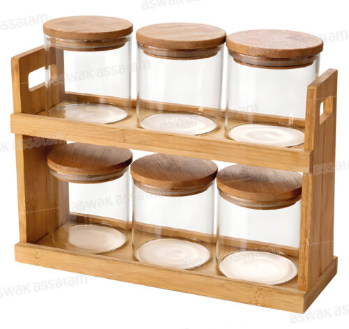 ENSEMBLE 6 BOCAUX A EPICES EN VERRE AVEC COUVERCLE ET SUPPORT