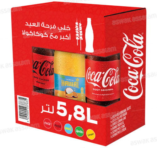 PACK MIXTE DE 6 BOISSONS GAZEUSES 5,8L HAWAI-COCA COLA-SPRITE-SCHWEPPES 