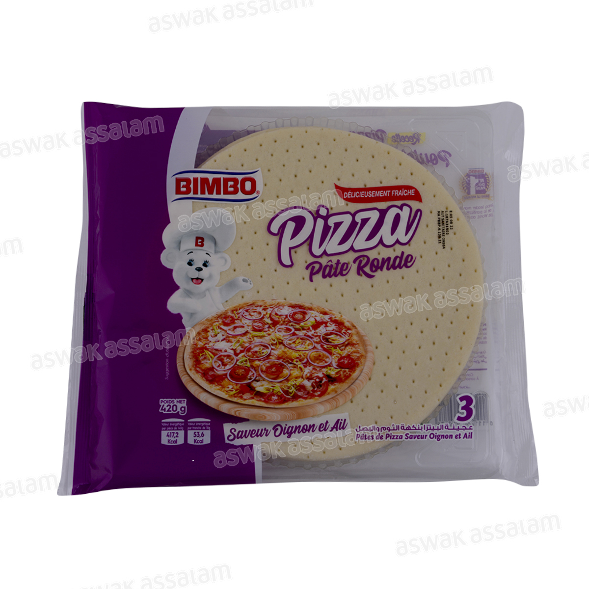 PATE A PIZZA RONDE SAVEUR OIGNON ET AIL 3 UNITES 420G BIMBO