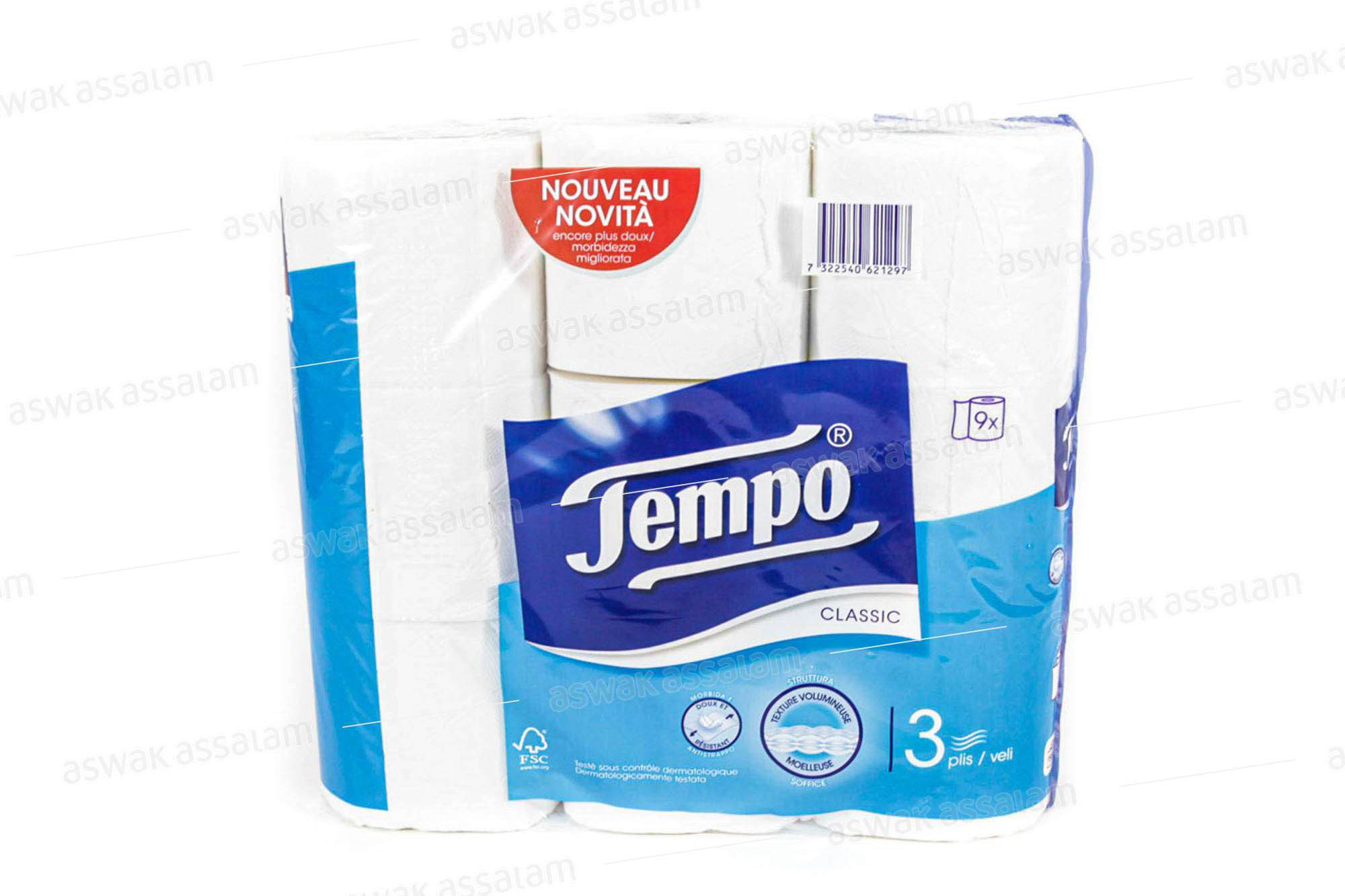 PAPIER HYGIENIQUE BLANC 3 PLIS 9 UNITES TEMPO