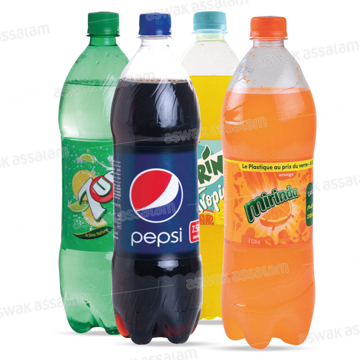 PACK DE 4 BOISSONS GAZEUSES 1L 7UP/PEPSI/MIRINDA (3 ACHETES = 1 GRATUIT)