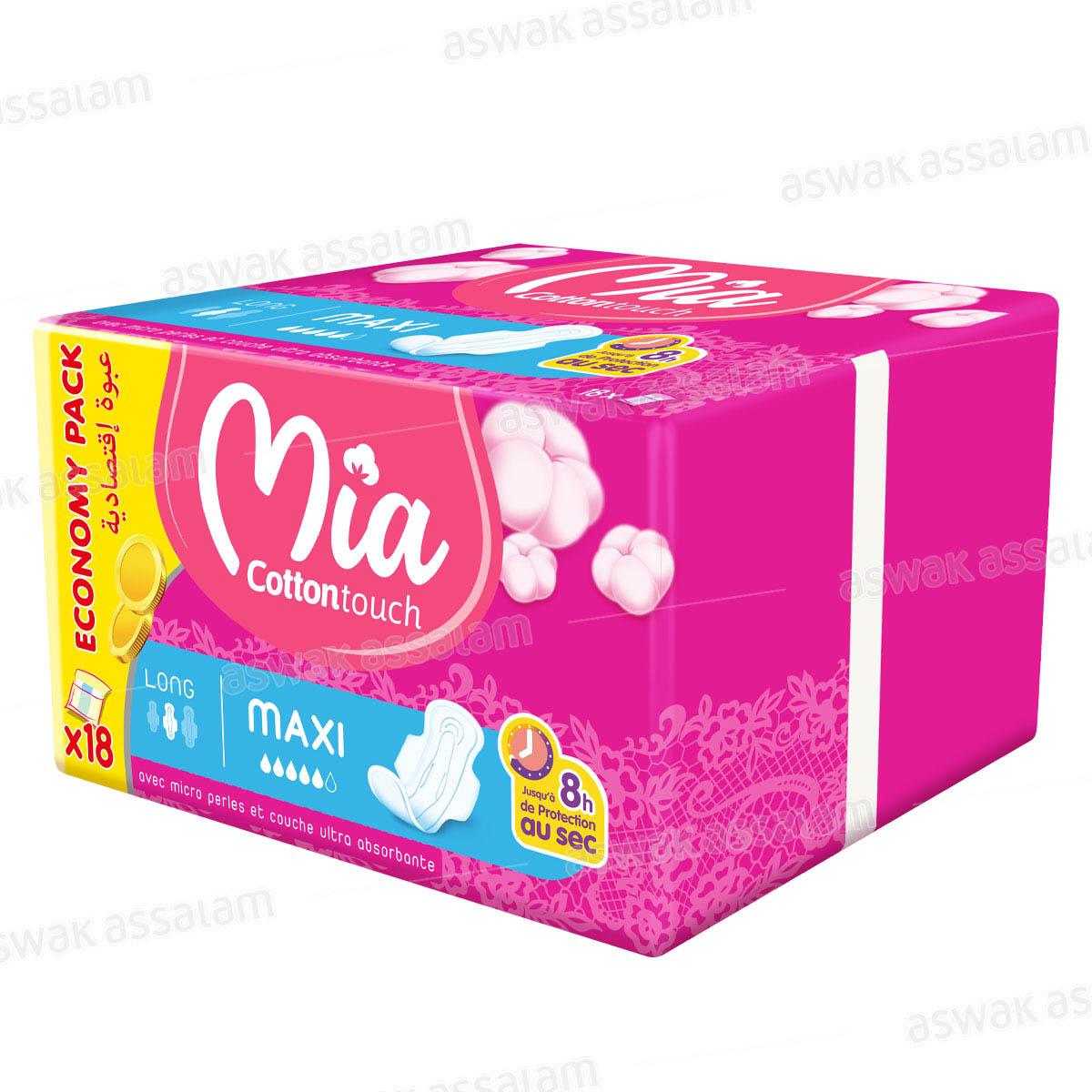 SERVIETTES HYGIENIQUES MAXI LONG ECONOMY PACK 18 UNITES MIA