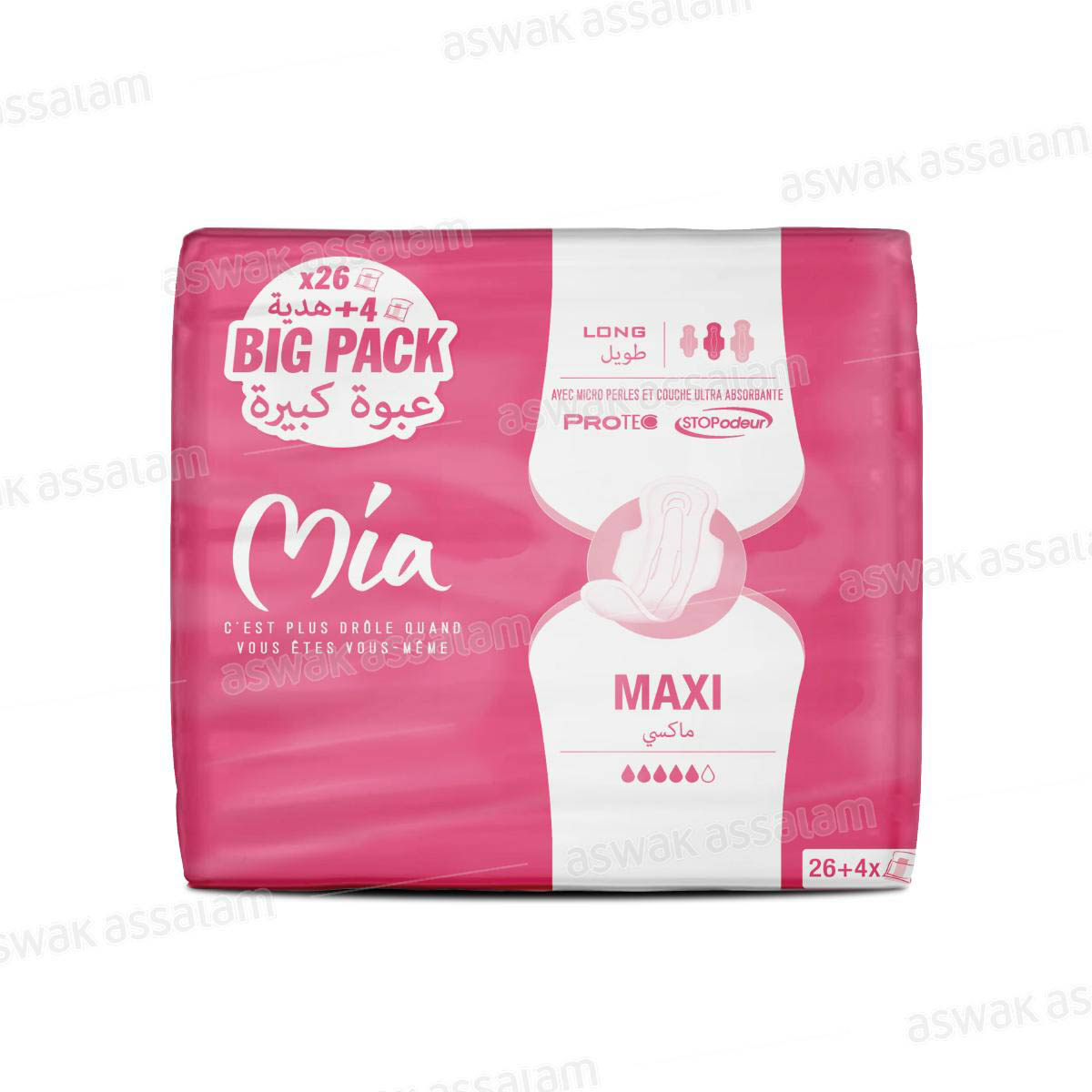 SERVIETTES HYGIENIQUES MAXI LONG PACK DE 30 MIA (26 ACHETEES = 4 GRATUITS)
