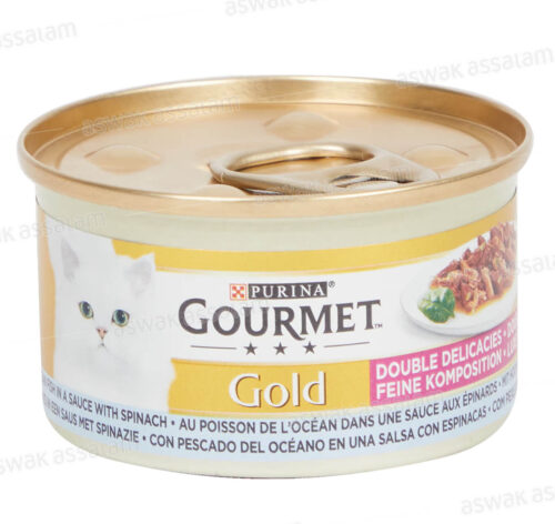 DOUBLE DELICE POUR CHAT AU POISSON ET SAUCE EPINARDS GOURMET GOLD 85G PURINA