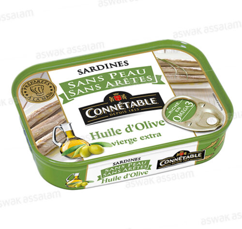 SARDINES SANS PEAU ET SANS ARETES A L’HUILE D’OLIVE EXTRA VIERGE 140G CONNETABLE
