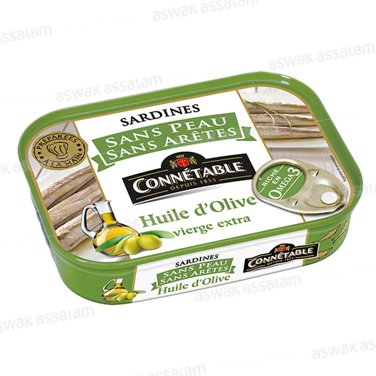 SARDINES SANS PEAU ET SANS ARETES A L'HUILE D'OLIVE EXTRA VIERGE 140G CONNETABLE