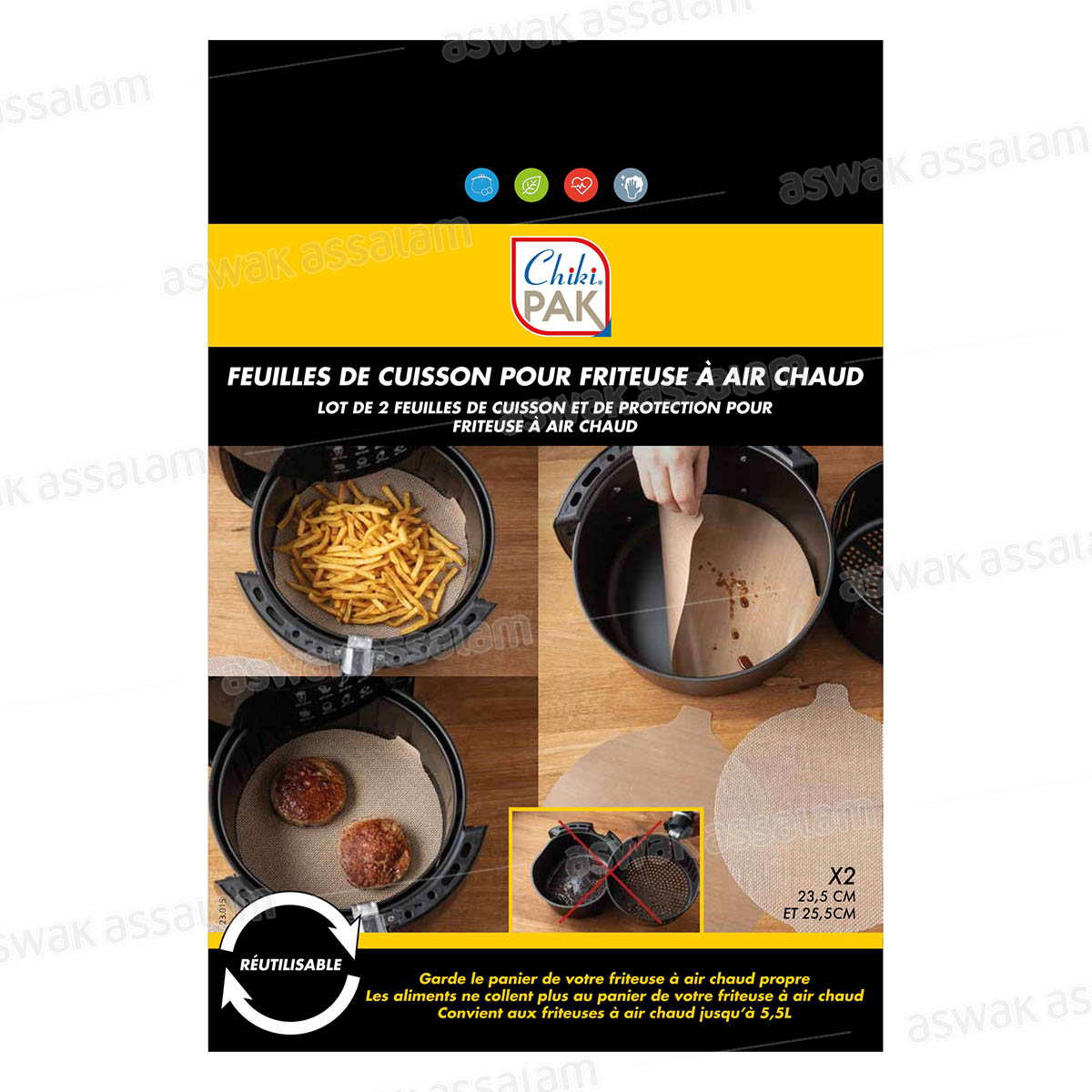 LOT DE 2 FEUILLES DE CUISSON POUR AIR FRYER 23,5CM ET 25,5CM CHIKIPAK