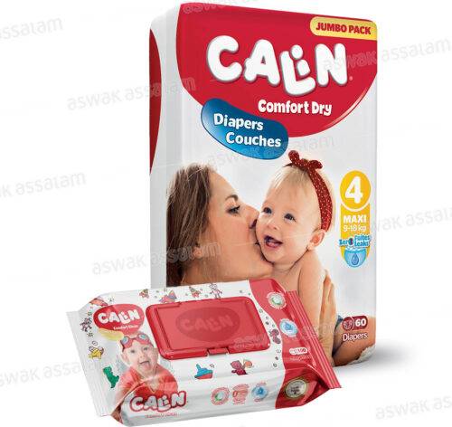 COUCHES BEBE MAXI COMFORT DRY TAILLE 4 60 UNITES JUMBO PACK CALIN (GRATUIT LINGETTES 100 UNITES)
