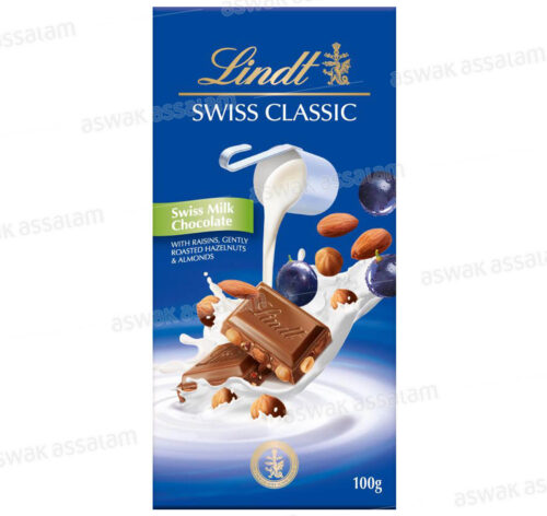CHOCOLAT SWISS CLASSIC LAIT RAISINS & NOISETTES 100G LINDT