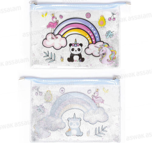TROUSSE A CRAYONS A FERMETURE ECLAIR TRANSPARENTE EAU PAILLETEE 24*17*0,2CM MOTIF PANDA VUKI
