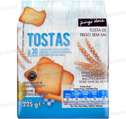 TOAST DE BLE SANS SEL 30 UNITES 225G PINGO DOCE